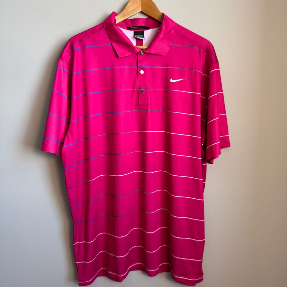 Nike‎ Tiger Woods Collection Mens Pink Striped Dri-Fit Golf Polo Shirt XL Preppy